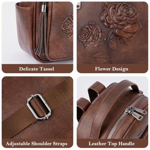 Mini Vegan Leather Backpack Purse with Floral Design, Water Resistant Travel